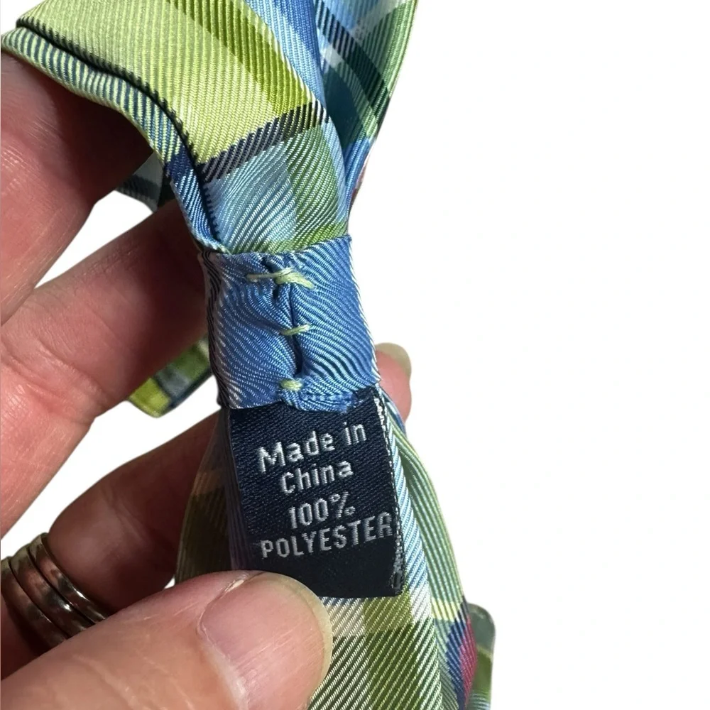 EUC Boys madras plaid woven bow tie preppy spring summer blue green Velcro band